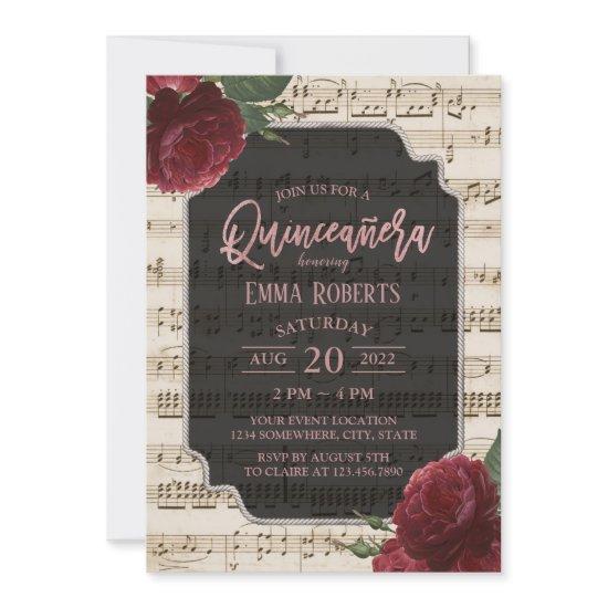 Quinceanera Burgundy Red Floral Music Birthday