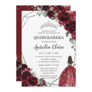 Quinceañera Burgundy Red Floral Silver Princess