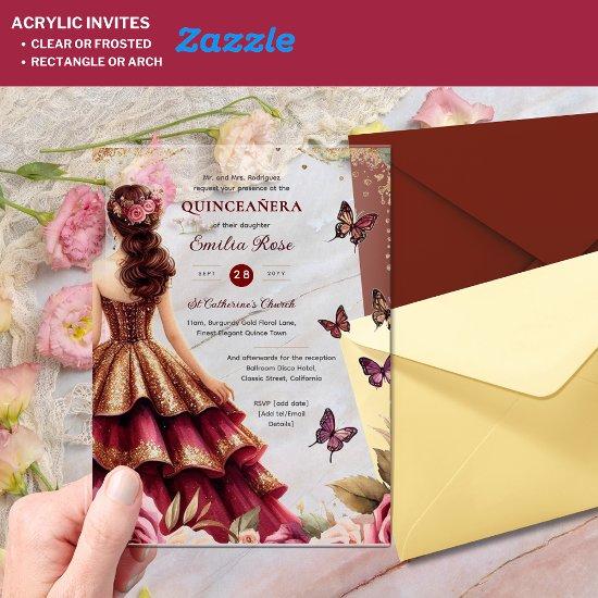 Quinceañera Burgundy Red Gold Dress Butterflies Acrylic