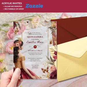 Quinceañera Burgundy Red Gold Quince Dress Flowers Acrylic