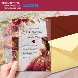 Quinceañera Burgundy Red Gold Quince Dress Flowers Acrylic