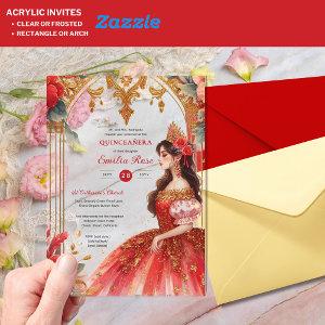 Quinceañera Burgundy Red Gold Quince Dress Flowers Acrylic