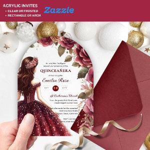 Quinceañera Burgundy Red Gold Quince Dress Flowers Acrylic