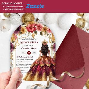 Quinceañera Burgundy Red Gold Quince Dress Flowers Acrylic