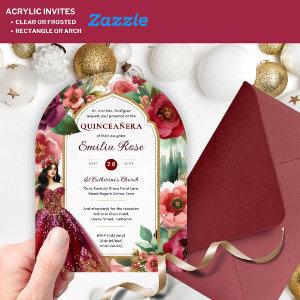 Quinceañera Burgundy Red Gold Quince Dress Flowers Acrylic