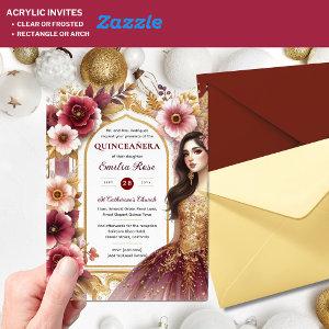 Quinceañera Burgundy Red Gold Quince Dress Flowers Acrylic