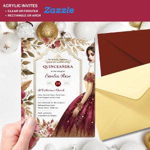 Quinceañera Burgundy Red Gold Quince Dress Flowers Acrylic