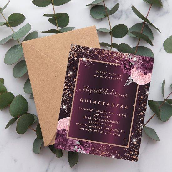 Quinceanera burgundy rose gold floral