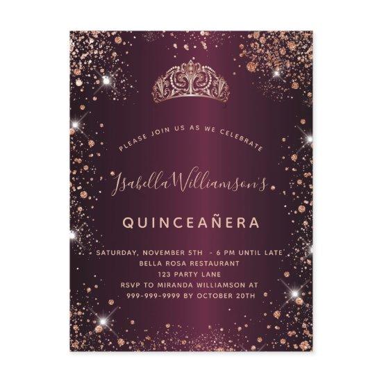 Quinceanera burgundy rose gold glitter dust tiara  postcard