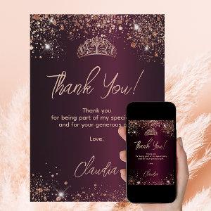 Quinceanera burgundy rose gold thank you card