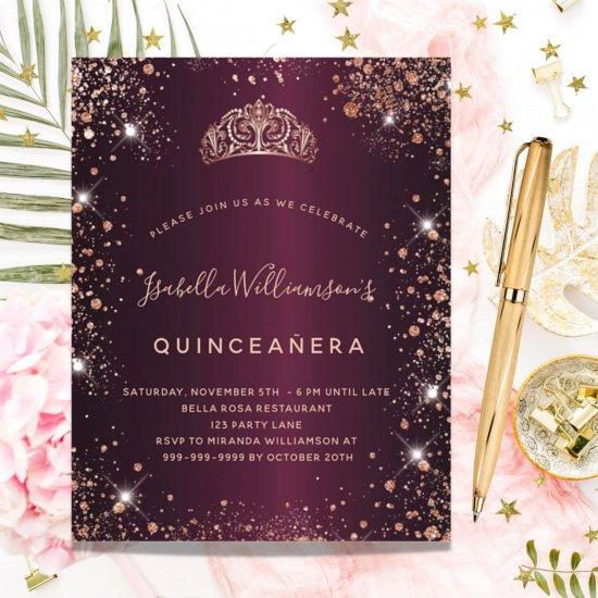 Quinceanera burgundy rose gold tiara