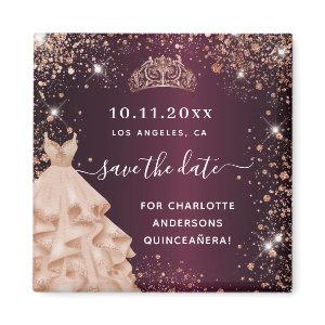 Quinceanera burgundy tiara dress save the date magnet