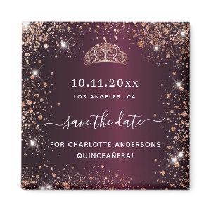 Quinceanera burgundy tiara rose gold save the date magnet