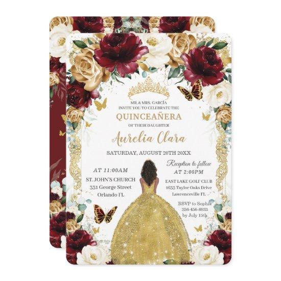 Quinceañera Burgundy White Gold Floral Brown Girl