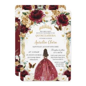 Quinceañera Burgundy White Gold Floral Girl Dress