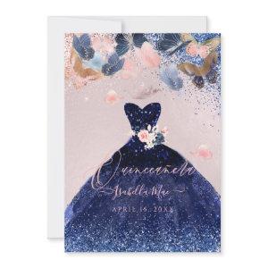 Quinceanera Butterflies Blush Navy Glitter Gown