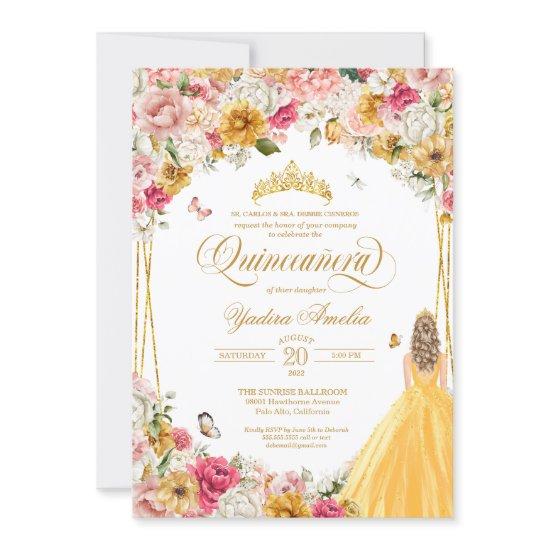 Quinceanera Butterfly Blush Pink Yellow Floral In
