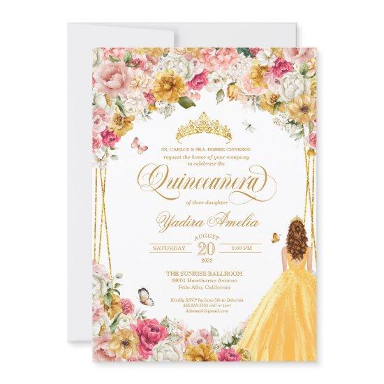 Quinceanera Butterfly Blush Pink Yellow Florals