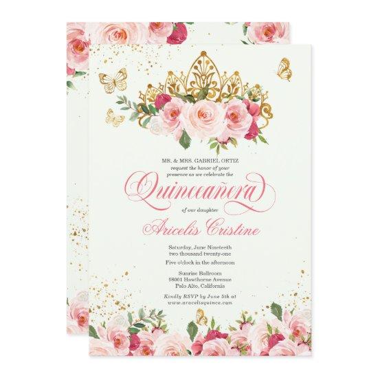 Quinceañera Butterfly Mint & Pink Watercolor Rose