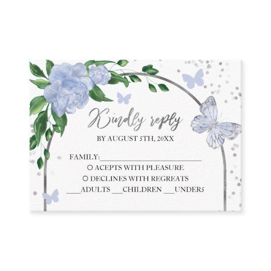 Quinceanera Butterflys Dusty Blue Blush Gown Enclosure Card