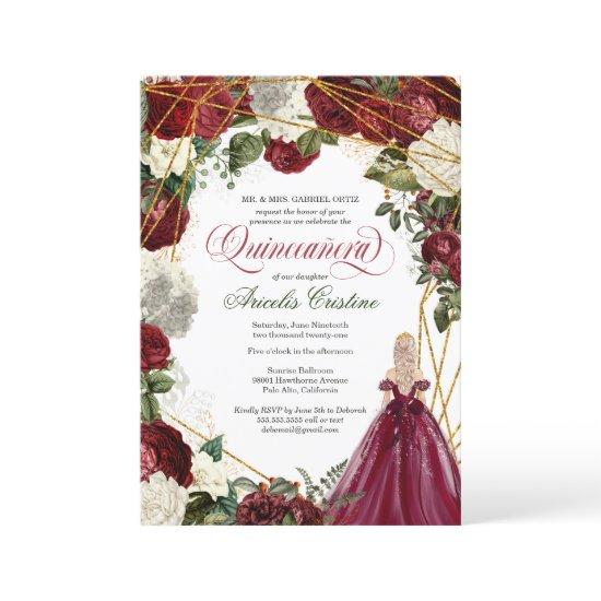 Quinceanera celebration, burgundy gown and floral