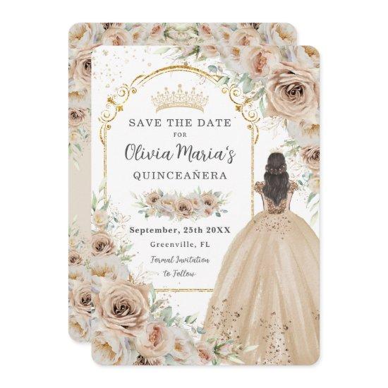 Quinceañera  Champagne Beige Cream Floral Princess Save The Date