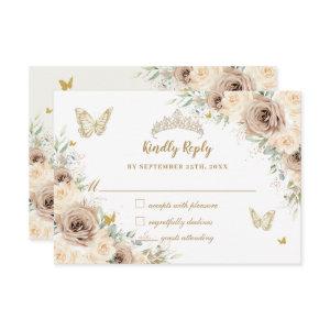 Quinceañera Champagne Gold Floral Butterflies RSVP Card