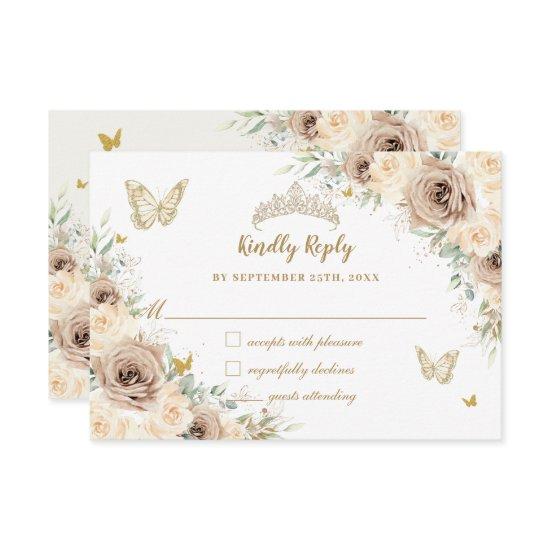 Quinceañera Champagne Gold Floral Butterflies RSVP Card