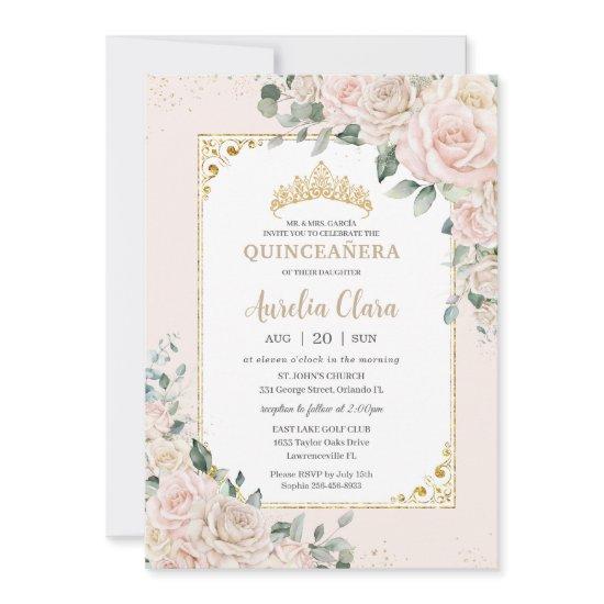 Quinceañera Champagne Ivory Blush Floral Gold