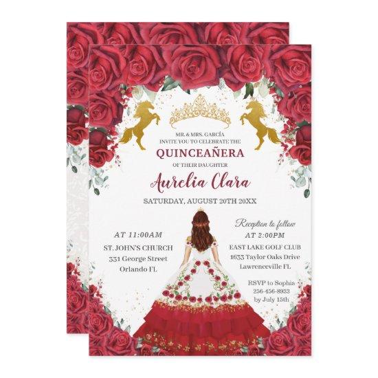 Quinceañera Charro Red Floral Princess Gold Horses