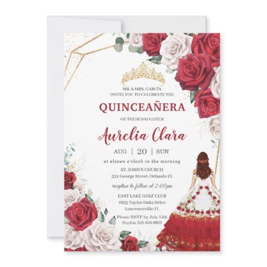 Quinceañera Charro Red White Roses Floral Gold