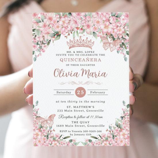 Quinceañera Cherry Blossoms Rose Gold Butterflies
