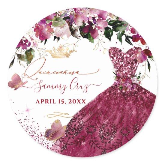 Quinceanera Cherry Red Glitter Dress Classic Round Sticker
