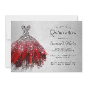 Quinceanera Chic Red Silver Dress Shiny Party Invi