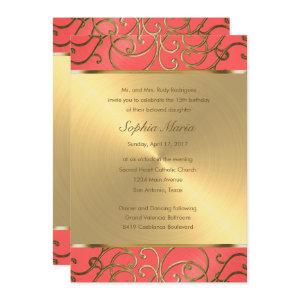 Quinceanera Coral Pink and Gold Filigree Swirls