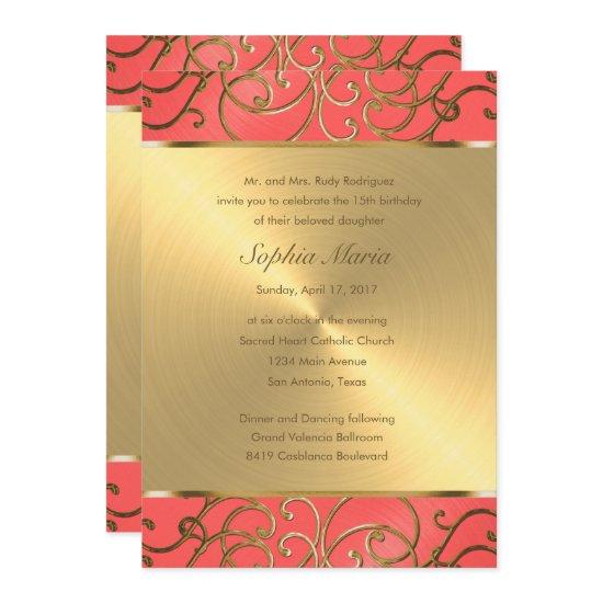 Quinceanera Coral Pink and Gold Filigree Swirls