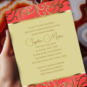 Quinceañera Coral Pink and Gold Filigree Swirls