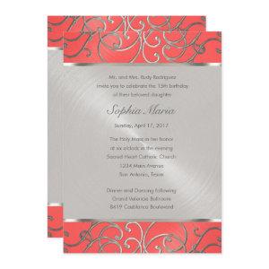 Quinceanera Coral Pink and Silver Filigree Swirls