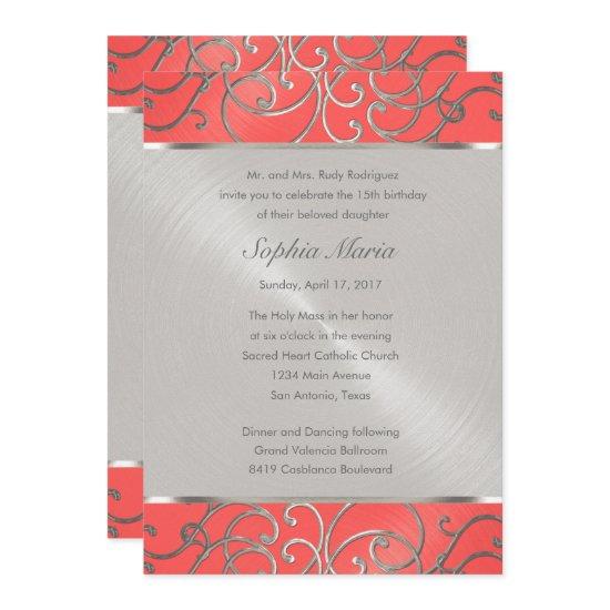 Quinceanera Coral Pink and Silver Filigree Swirls