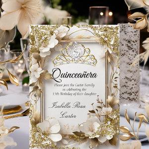 Quinceanera Cream Floral Gold White Tiara Party