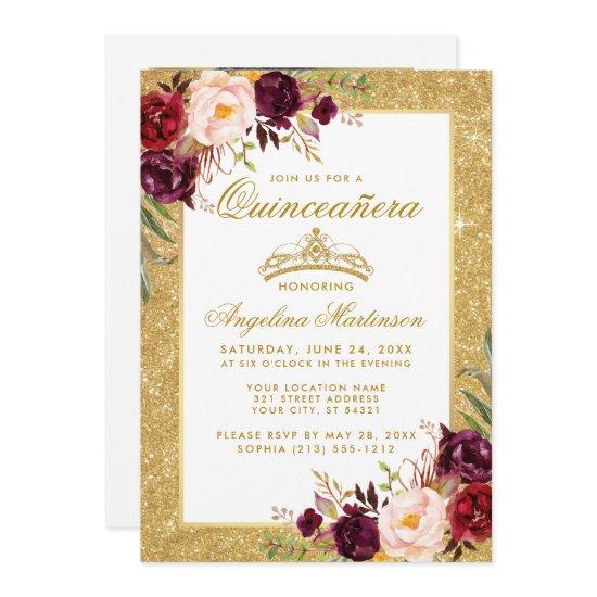 Quinceanera Crown Burgundy Floral Glitter Photo