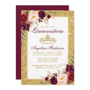 Quinceanera Crown Floral Burgundy Glitter Photo