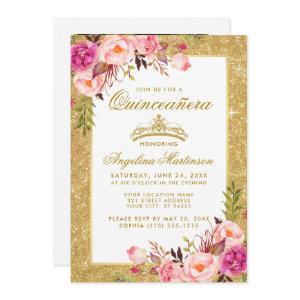 Quinceanera Crown Pink Floral Gold Glitter Photo