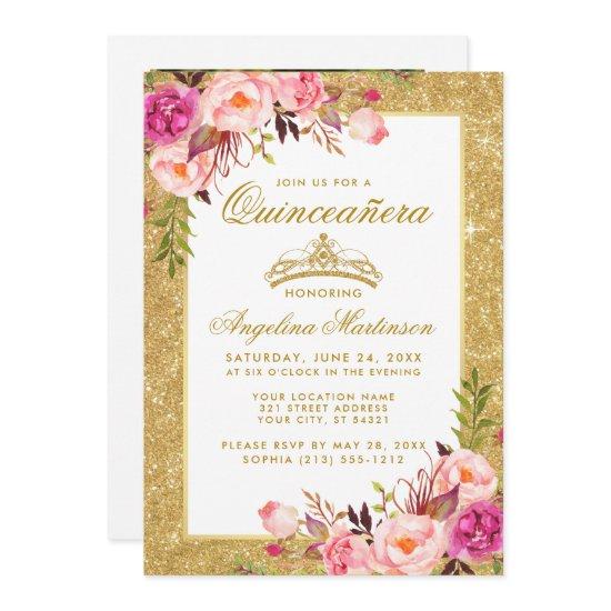 Quinceanera Crown Pink Floral Gold Glitter Photo