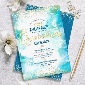 Quinceañera Crown Turquoise Watercolor Real Gold Foil
