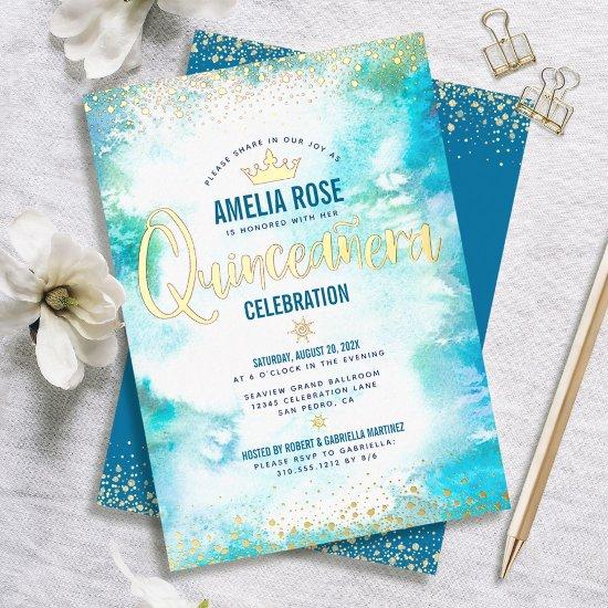 Quinceañera Crown Turquoise Watercolor Real Gold Foil