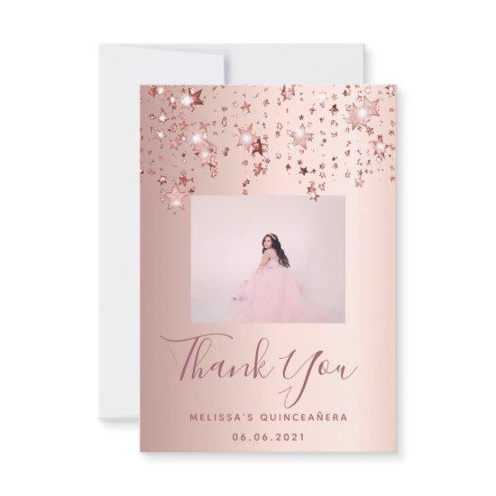 Quinceanera custom photo rose gold pink stars thank you card