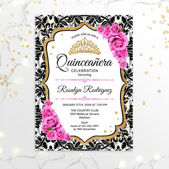 Quinceanera - Damask White Black Pink