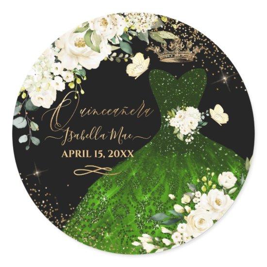 Quinceanera Dark Green Glitter Gown Cream Roses Classic Round Sticker
