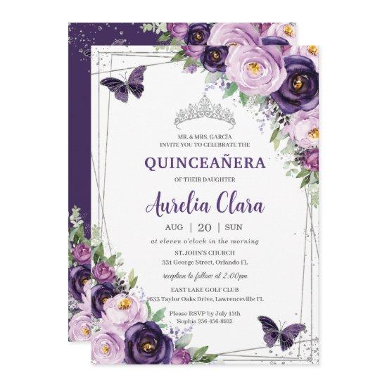 Quinceañera Dark Purple Lilac Floral Butterflies